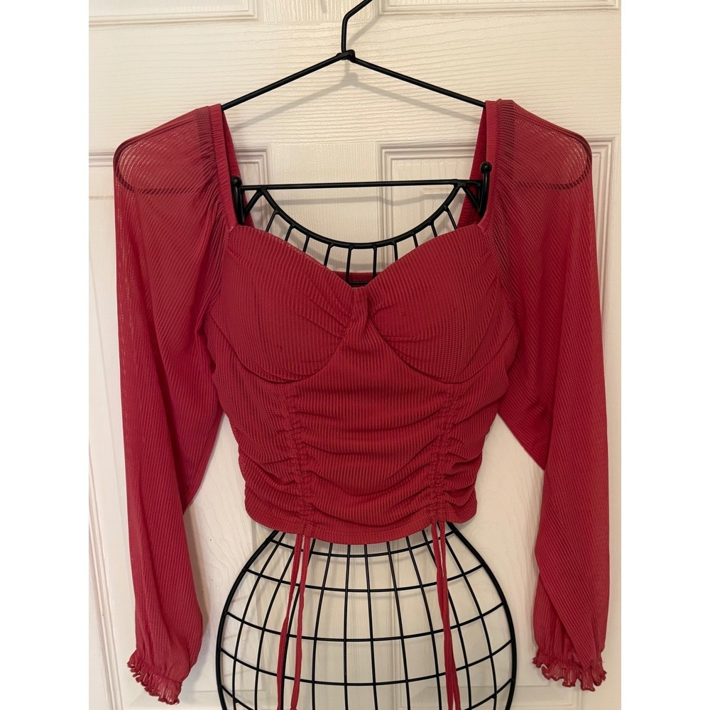 Madden NYC Red Mesh Ruched Bustier Long Sleeve Crop Top S